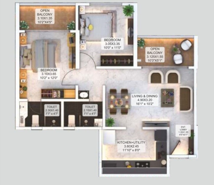 Floor plan of 2 BHK 772 Sq. Ft. Apartment in Aishwaryam Courtyard Gold, Pune