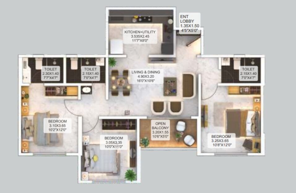 Floor plan of 3 BHK 1061 Sq. Ft. Apartment in Aishwaryam Courtyard Gold, Pune