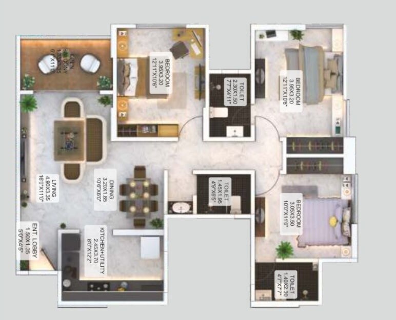 Floor plan of 3 BHK 884 Sq. Ft. Apartment in Aishwaryam Courtyard Gold, Pune