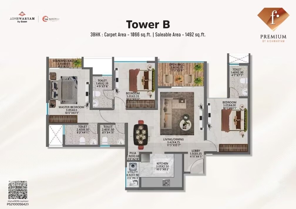 Floor plan of 3 BHK 1066 Sq. Ft. Apartment in Aishwaryam F Premium, Pune