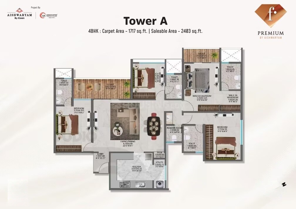Floor plan of 4 BHK 1717 Sq. Ft. Apartment in Aishwaryam F Premium, Pune