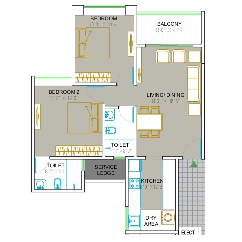 2 BHK 745 Sq. Ft. Apartment