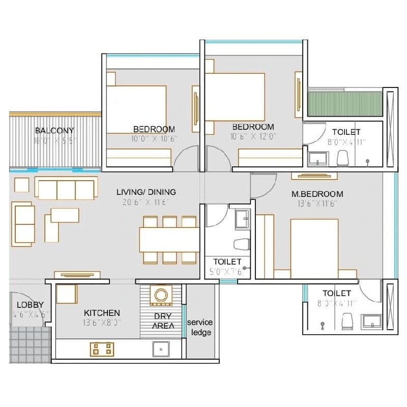 3 BHK 997 Sq. Ft. Apartment