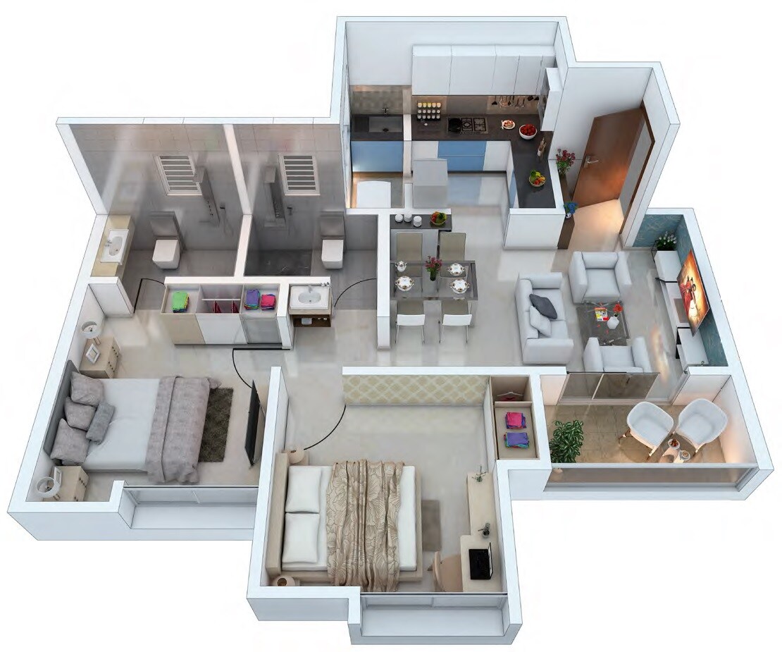 Floor plan of 2 BHK 671 Sq. Ft. Apartment in Aishwaryam Insignia, Pune