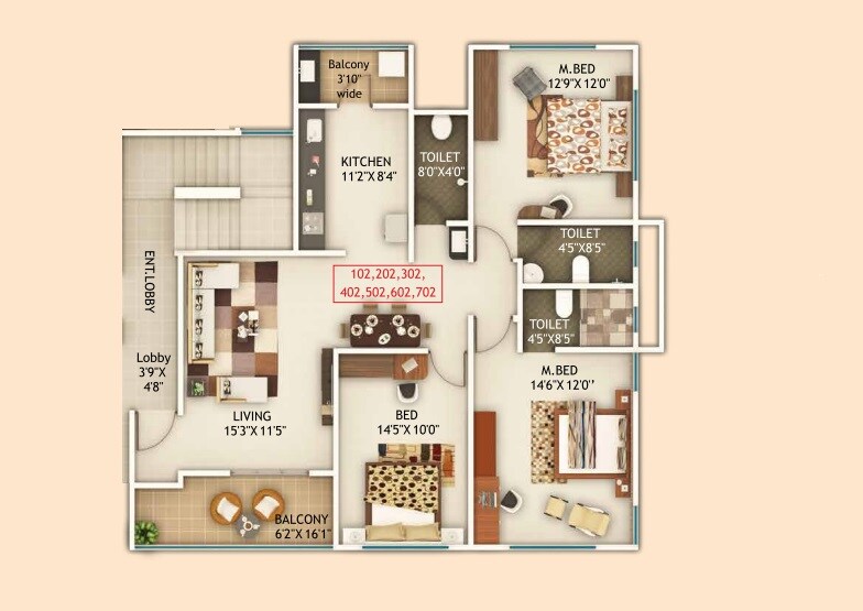 3 BHK 744 Sq. Ft. Apartment