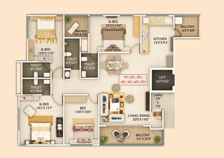 Floor plan of 3 BHK 789 Sq. Ft. Apartment in Aishwaryam Stonehenge, Pune