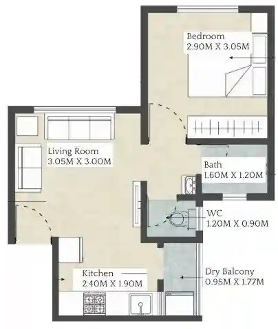 Floor plan of 1 BHK 323 Sq. Ft. Apartment in Ajinkya Towers, Pune