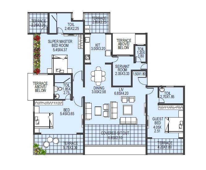 Floor plan of 3 BHK 1700 Sq. Ft. Apartment in Ajit Buttepatil Angelle Hills Version T, Pune