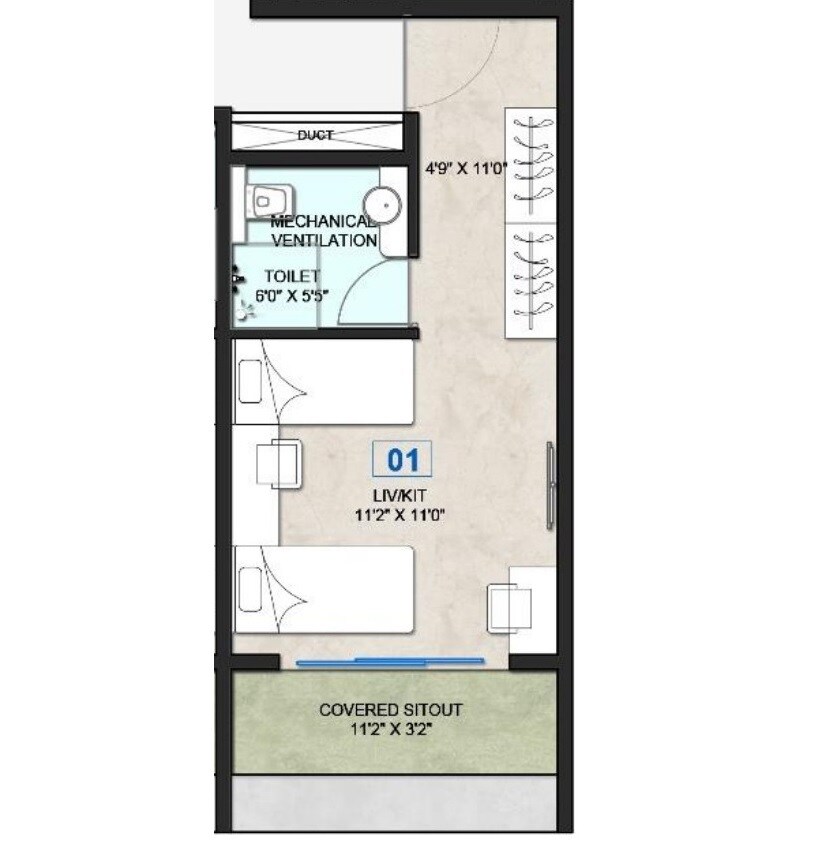 Floor plan of 250 Sq. Ft. Studio in Ajitesh Bougain Studio, Pune