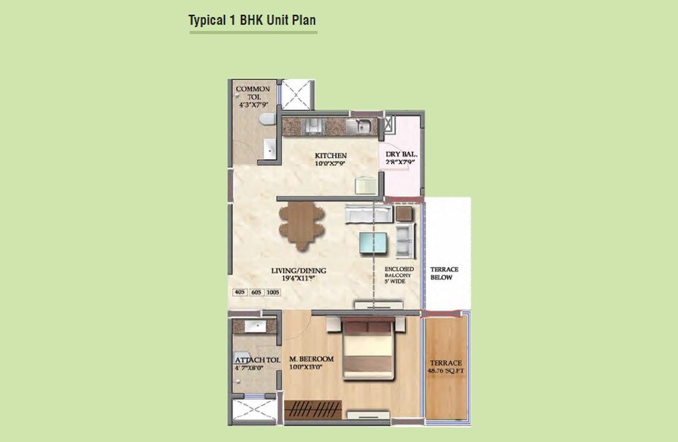 Floor plan of 1 BHK 528 Sq. Ft. Apartment in Ajmera Exotica, Pune