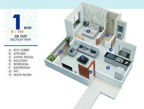 Floor plan of 1 BHK 414 Sq. Ft. Apartment in AK Sky One, Pune