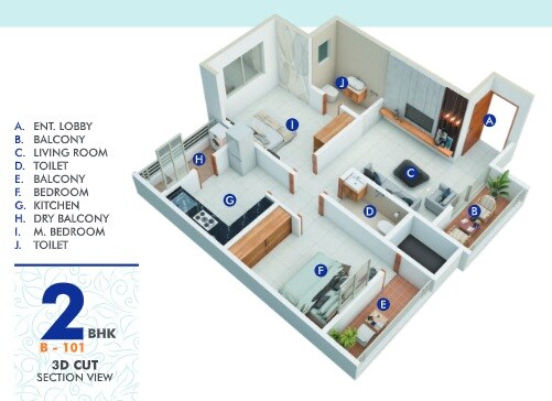 Floor plan of 2 BHK 709 Sq. Ft. Apartment in AK Sky One, Pune