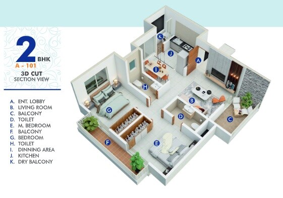 Floor plan of 2 BHK 723 Sq. Ft. Apartment in AK Sky One, Pune
