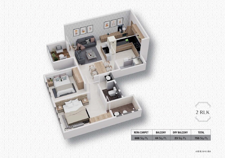 Floor plan of 2 BHK 755 Sq. Ft. Apartment in AK Surana Arbor Vista, Pune