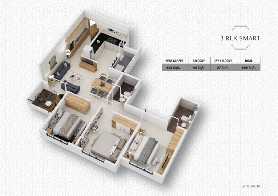 Floor plan of 3 BHK 899 Sq. Ft. Apartment in AK Surana Arbor Vista, Pune