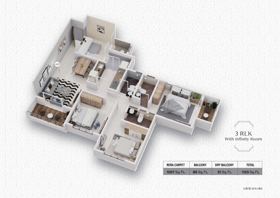 Floor plan of 3 BHK 1123 Sq. Ft. Apartment in AK Surana Arbor Vista, Pune