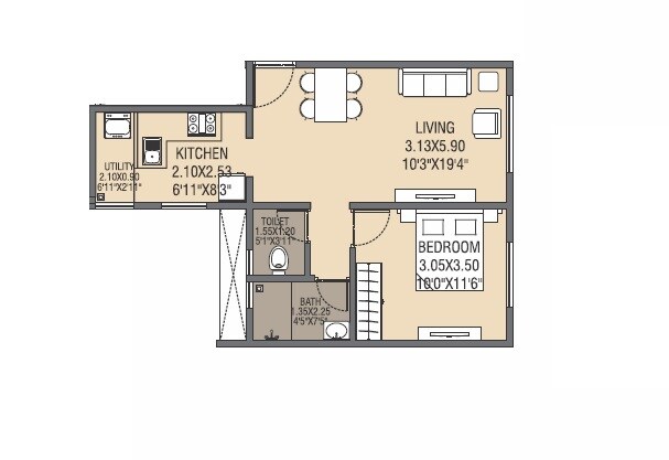Floor plan of 1 BHK 455 Sq. Ft. Apartment in Akanksha The Camelia, Pune