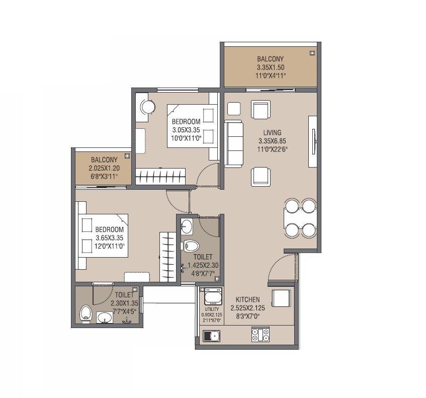 Floor plan of 2 BHK 782 Sq. Ft. Apartment in Akanksha The Camelia, Pune