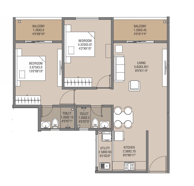 Floor plan of 2 BHK 827 Sq. Ft. Apartment in Akanksha The Camelia, Pune