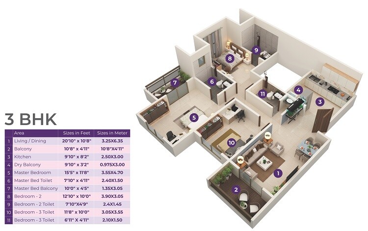 Floor plan of 3 BHK 1100 Sq. Ft. Apartment in Akanksha The Camelia, Pune