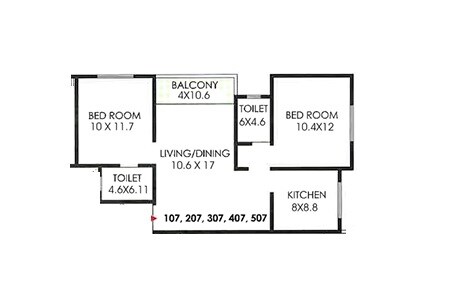 Floor plan of 2 BHK 662 Sq. Ft. Apartment in Akruti Audumber Plaza, Pune