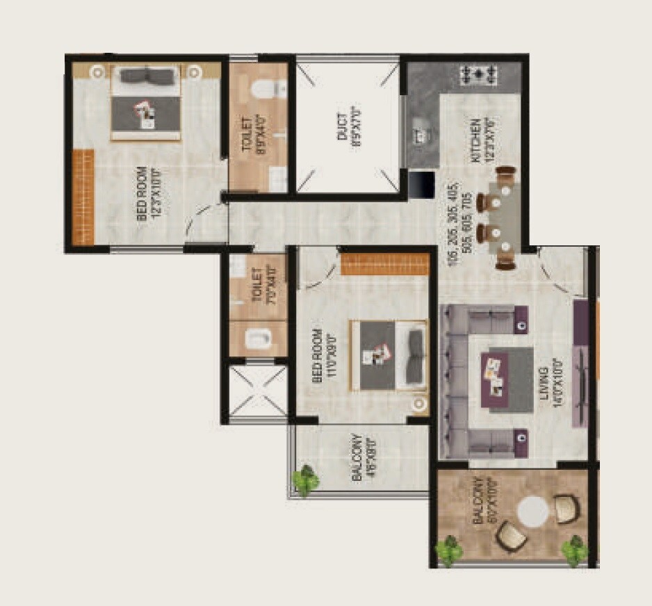 Floor plan of 2 BHK 632 Sq. Ft. Apartment in Aksha Casa Millennium, Pune
