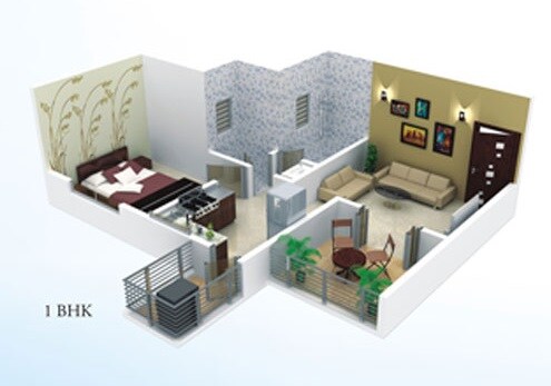 Floor plan of 1 BHK 605 Sq. Ft. Apartment in Aksha Concord Amulyam, Pune