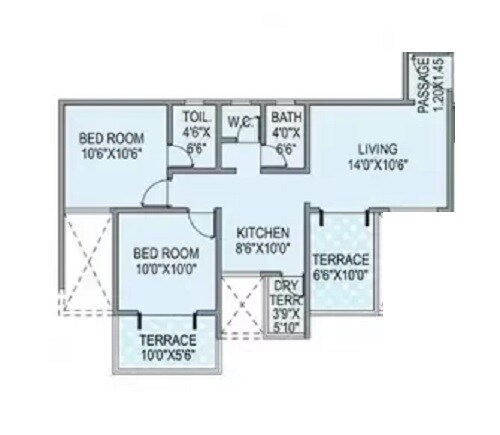 Floor plan of 2 BHK 943 Sq. Ft. Apartment in Aksha Empire, Pune