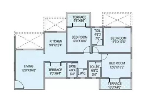 Floor plan of 3 BHK 1295 Sq. Ft. Apartment in Aksha Empire, Pune
