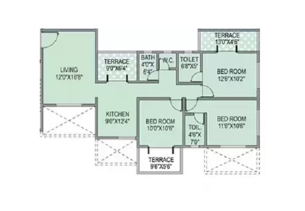 Floor plan of 3 BHK 1326 Sq. Ft. Apartment in Aksha Empire, Pune