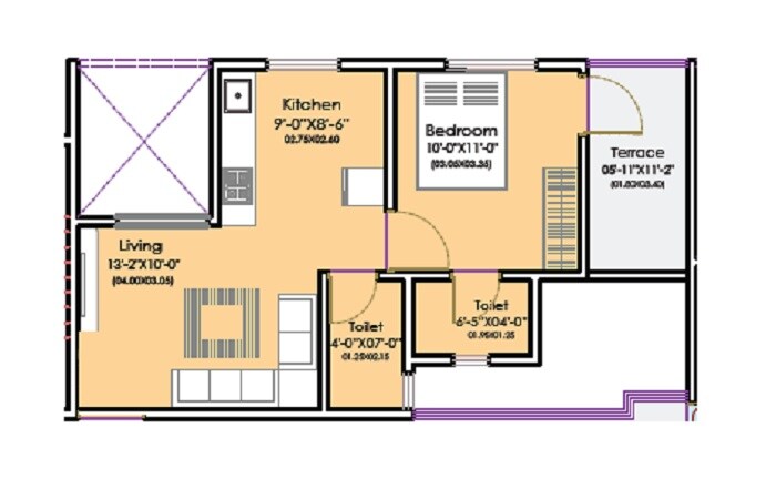 Floor plan of 1 BHK 337 Sq. Ft. Apartment in Aksha Vrundavan, Pune