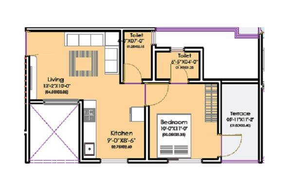 Floor plan of 1 BHK 350 Sq. Ft. Apartment in Aksha Vrundavan, Pune