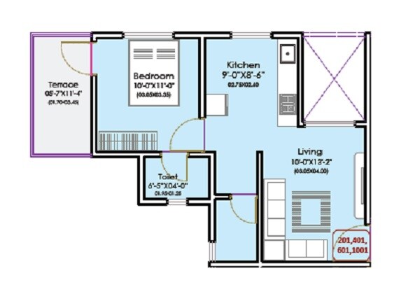 Floor plan of 1 BHK 368 Sq. Ft. Apartment in Aksha Vrundavan, Pune