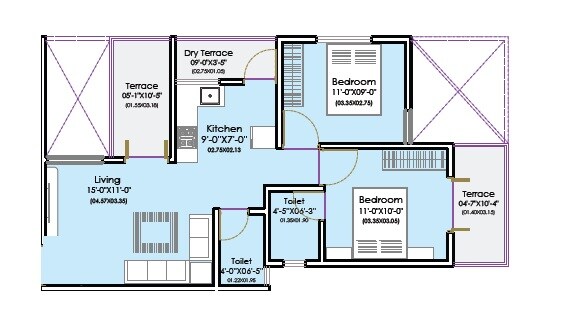 Floor plan of 2 BHK 450 Sq. Ft. Apartment in Aksha Vrundavan, Pune