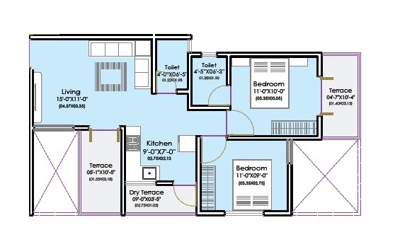 Floor plan of 2 BHK 523 Sq. Ft. Apartment in Aksha Vrundavan, Pune