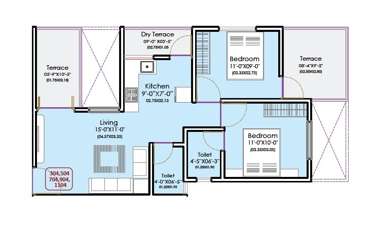 Floor plan of 2 BHK 785 Sq. Ft. Apartment in Aksha Vrundavan, Pune