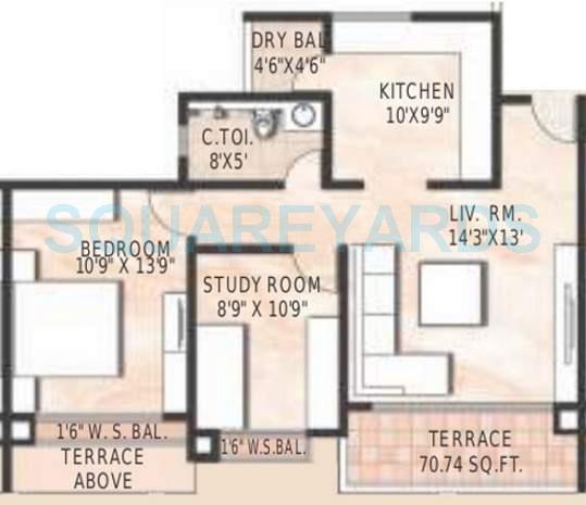 Floor plan of 1 BHK 695 Sq. Ft. Apartment in Akshar Alltorios, Pune