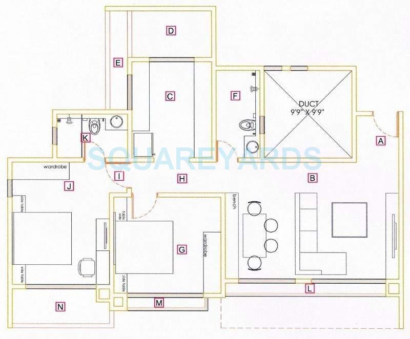 Floor plan of 2 BHK 1290 Sq. Ft. Apartment in Akshar Alltorios, Pune