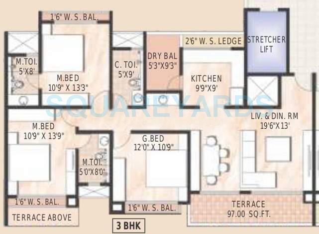 Floor plan of 3 BHK 1514 Sq. Ft. Apartment in Akshar Alltorios, Pune