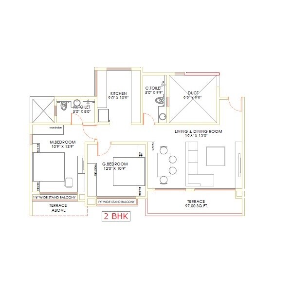 Floor plan of 2 BHK 863 Sq. Ft. Apartment in Akshar Altorios, Pune
