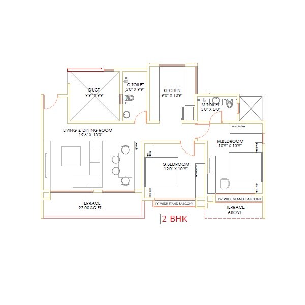 Floor plan of 2 BHK 798 Sq. Ft. Apartment in Akshar Altorios, Pune