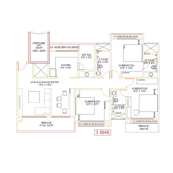 Floor plan of 3 BHK 1076 Sq. Ft. Apartment in Akshar Altorios, Pune