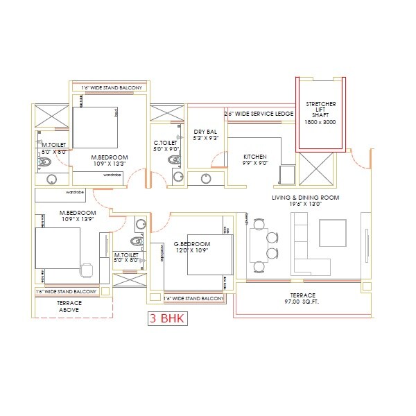 Floor plan of 3 BHK 920 Sq. Ft. Apartment in Akshar Altorios, Pune