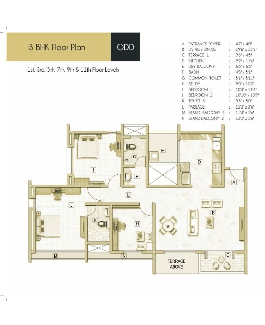 Floor plan of 3 BHK 894 Sq. Ft. Apartment in Akshar Elementa, Pune