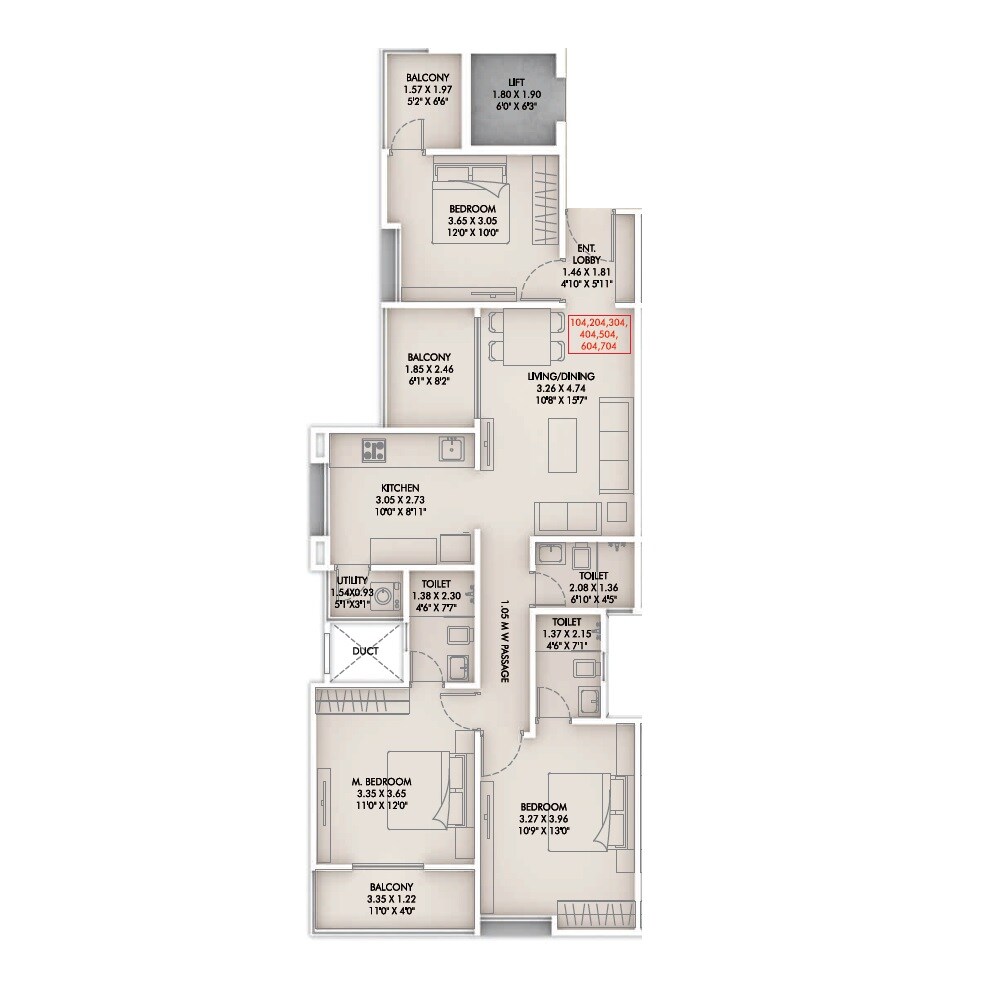 Floor plan of 3 BHK 1001 Sq. Ft. Apartment in Akshay Floria, Pune