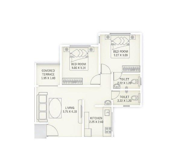 Floor plan of 2 BHK 760 Sq. Ft. Apartment in Akshay Samruddhi, Pune