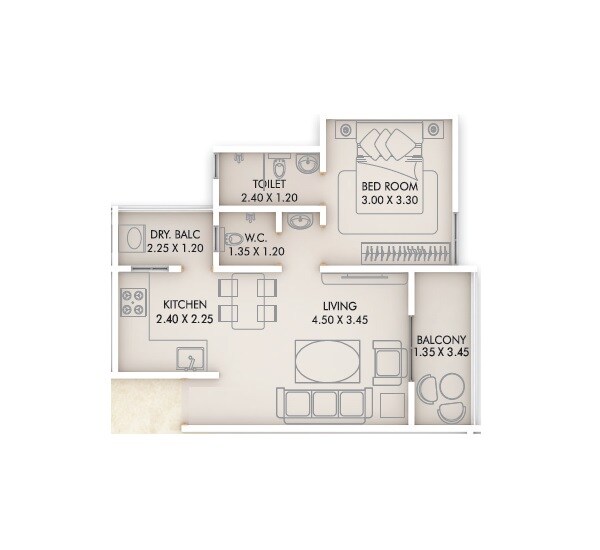 Floor plan of 1 BHK 509 Sq. Ft. Apartment in Akshay Shrushti, Pune