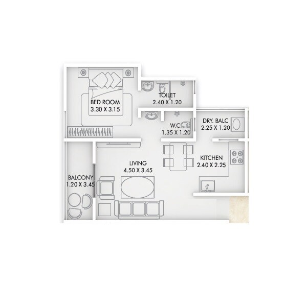 Floor plan of 1 BHK 519 Sq. Ft. Apartment in Akshay Shrushti, Pune