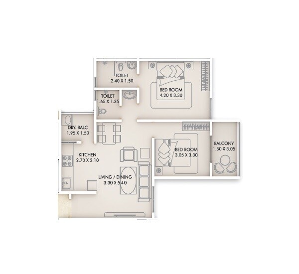 Floor plan of 2 BHK 724 Sq. Ft. Apartment in Akshay Shrushti, Pune