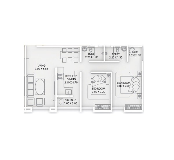 Floor plan of 2 BHK 740 Sq. Ft. Apartment in Akshay Shrushti, Pune